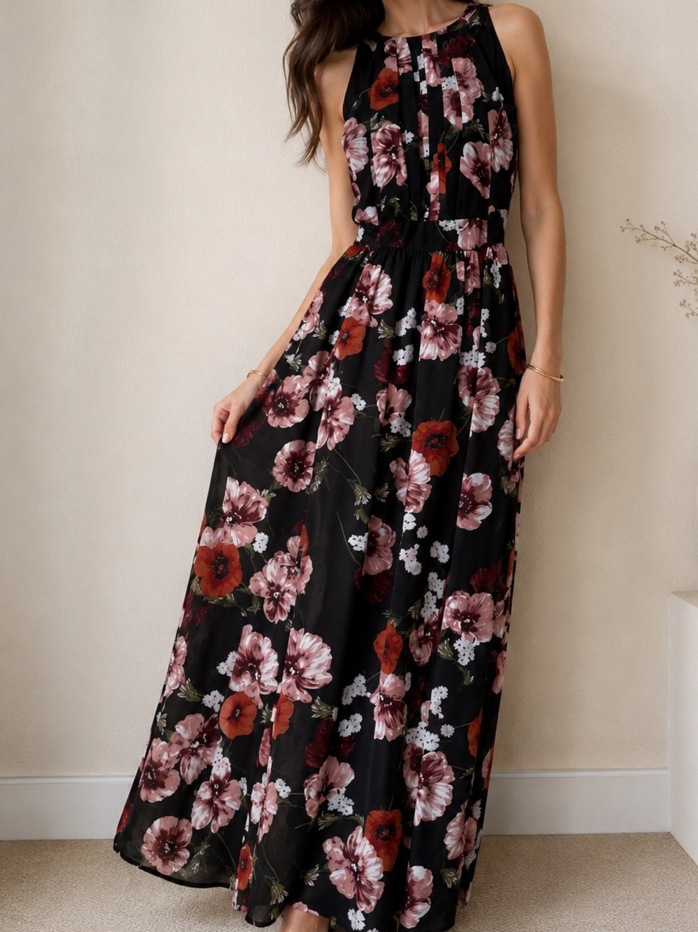 INC International Concepts Black Maxi Dress with Pink and Rust Floral Pattern